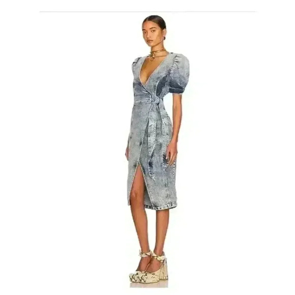 NEW Retrofete Zelda Wrap Dress Sienna Blue Denim V-Neck Puff Sleeve Sz XS - Picture 5 of 15